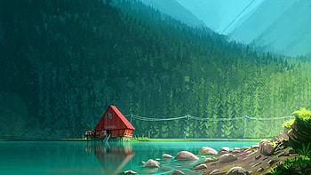 Lake Cabin Forest Mountain Minimalist Minimalism HD wallpaper