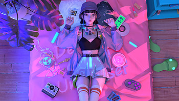 Cyberpunk, Anime, Retro Punk Anime Girl Lying on Bed, Purple, Violet, Backgrounds, cyberpunk anime girl HD wallpaper