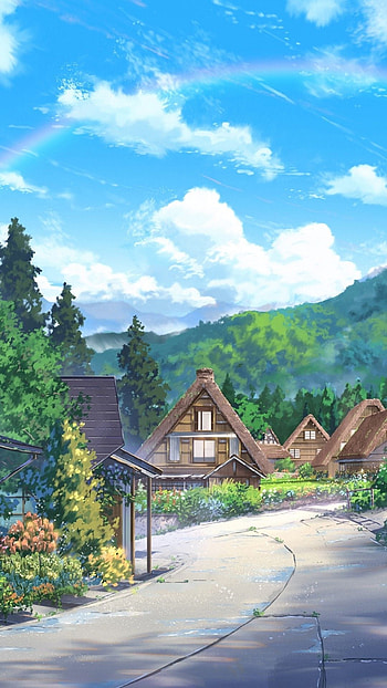 1080x1920 Anime Landscape, Houses, Scenic, Clouds, Nature, anime nature HD phone wallpaper
