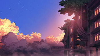 2560x1440 Anime Landscape, Building, Sunset, Clouds, Scenic for iMac 27 inch, anime 2560x1440 HD wallpaper