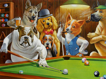 Dogs Playing Pool Billiards Oil Painting Printed on HD wallpaper