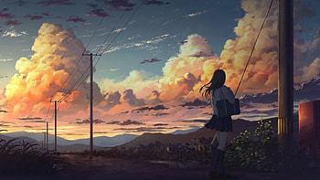 1366x768 Anime Landscape, Anime Girl, Clouds, scenery anime aesthetic HD wallpaper