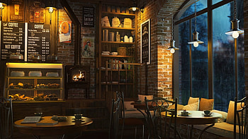Cozy Coffee Shop Ambience with Relaxing Jazz Music, Rain Sounds and Crackling Fireplace, cozy autumn cafe window HD wallpaper