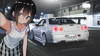 412168 white cars, smiling, GTR R34, JDM, anime girls, anime, selfies, brunette, jdm anime HD wallpaper
