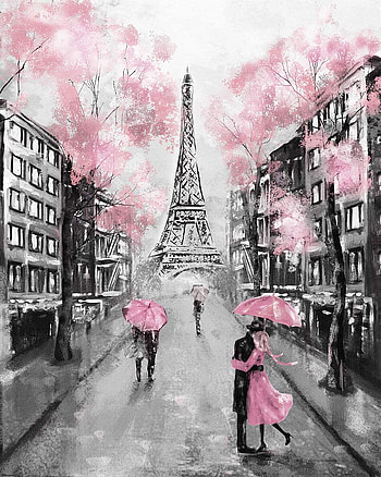 Faicai Art Black and White Wall Art Prints Landscape Canvas Paintings Paris Street Artwork European City Eiffel Tower Pink Trees Couple Modern Wall Decor Wooden Framed 16x24inch: Posters HD phone wallpaper
