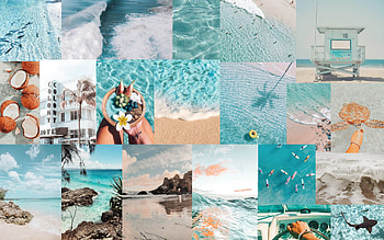 Light blue aesthetic beach collage MacBook, blue collage laptop HD wallpaper