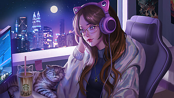 Anime Girl Lofi Cat PC, anime girl purple HD wallpaper