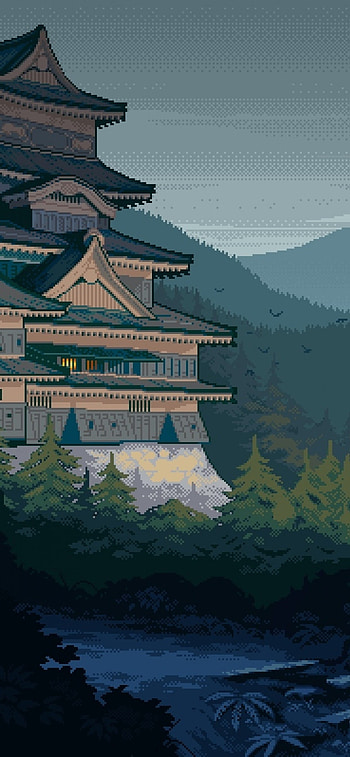 1242x2688 Japanese House, Historical Building, Pixel Art, Mountain for 11 Pro Max & XS Max, pixel art HD phone wallpaper