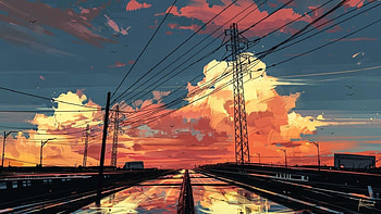 1366x768 Anime Landscape, Sunset, Sky, Painting, scenery anime aesthetic HD wallpaper