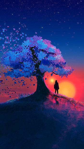 324786 Sunset, Scenery, Landscape, Tree, Digital Art, Illustration, , Backgrounds, and, tree HD phone wallpaper