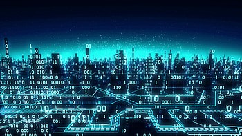 Aerial view of abstract futuristic binary city, a high, high tech city HD wallpaper