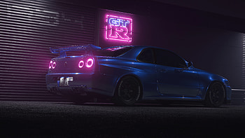 Nissan Skyline Gtr R34 Blue Night Neon Headlights HD wallpaper