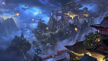 Chinese landscape, city, mountains, trees, lanterns, retro, watercolor painting 1920x1080 Full , china landscape HD wallpaper