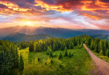 Landscape Mountains Nature Summer Sun Sunset Valley Trees Road Forest Clouds Hills Sky Green, mountain sunset summer HD wallpaper