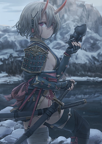 404303 anime, anime girl, horns, demon horns, oni mask, grey hair, katana, samurai, demon girls, short hair, gray hair, animal eyes, mountains , 2117x3000, oni girl HD phone wallpaper