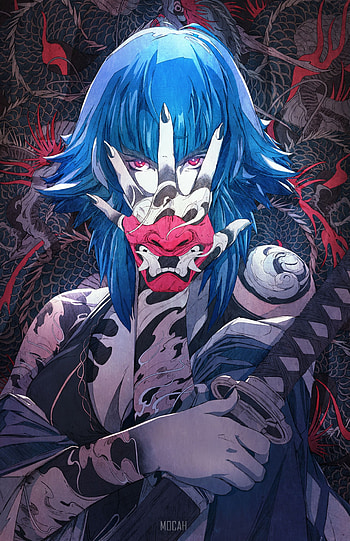 405691 anime girl, original character, women, red eyes, covered face, oni mask, inked girls, tattoo, cleavage, katana, mural, dragon, Japan, Japanese Art, drawing, sketches, illustration, Chun Lo, warrior, demon, hand on face, demon mask HD phone wallpaper