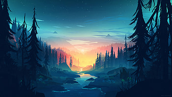 Minimalist Landscape Nature Sunrise River Mountains Trees, minimal landscape sunrise HD wallpaper
