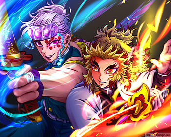 Demon slayer: kimetsu no yaiba kyojuro rengoku tengen uzui fighting together, demon slayer fight HD wallpaper