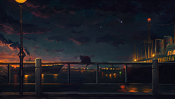 Anime landscape sky city light sky sea ship, dark vintage aesthetic laptop HD wallpaper