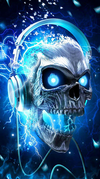 Skull music head art. Neon blue metallic skull design, flaming skull dj HD phone wallpaper