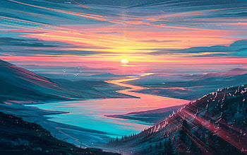 abstract summer landscape, valley, sunset, mountains, abstract nature backgrounds, abstract mountains landscape, artwork, abstract landscape with resolution 1920x1200. High Quality HD wallpaper