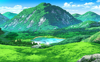 Anime Landscape, Mountain, Field, Grass, Lake, Scenic, anime scenery green HD wallpaper